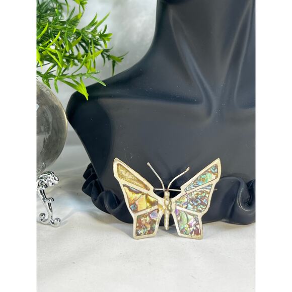 Vintage Mexican Silver Butterfly Brooch Abalone Shell Inlay Stained Glass Look - Picture 4 of 16